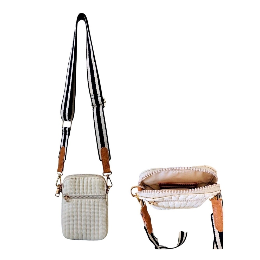 Shiraleah Ezra Phone Holder Quilted Crossbody Bag Cream‎ and Striped Strap